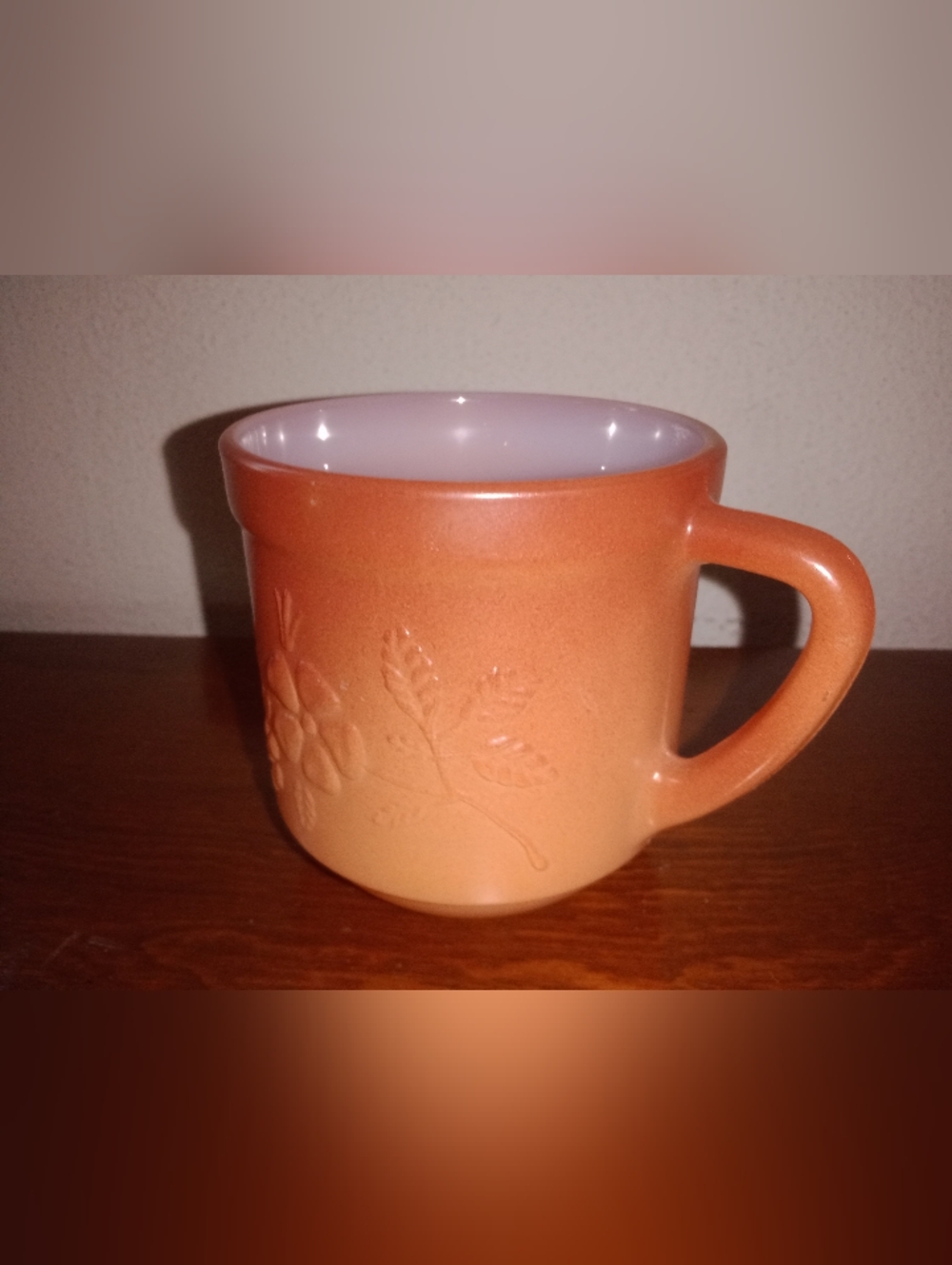 Vintage Milk Glass Embossed Flower Floral Coffee Mug Cup Orange Fade Two Tone